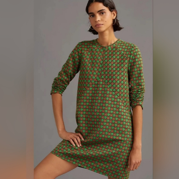 Maeve Anthropologie Mini Shift Dress Green/Orange Mod Jacquard Cutout Back Small - Picture 2 of 9